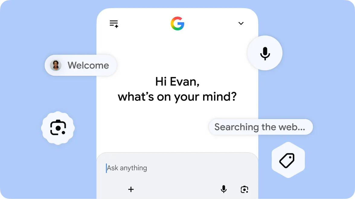 A digital interface for Google Gemini showing a conversational UI with the text "Hi Evan, what's on your mind?". Floating icons surrounding the main window represent various input methods, including a microphone for voice, a camera for visual search, a "Welcome" notification with a profile avatar, a search tag, and a pill-shaped button that reads "Searching the web...".