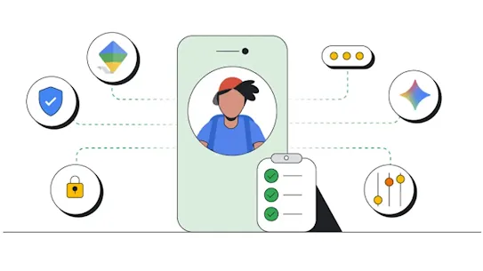 A clean line-art illustration of a smartphone showing a person in a red hat in the center. Dotted lines connect the phone to various icons including a shield, a padlock, a checklist, and a multi-colored star icon, representing security and account settings.
