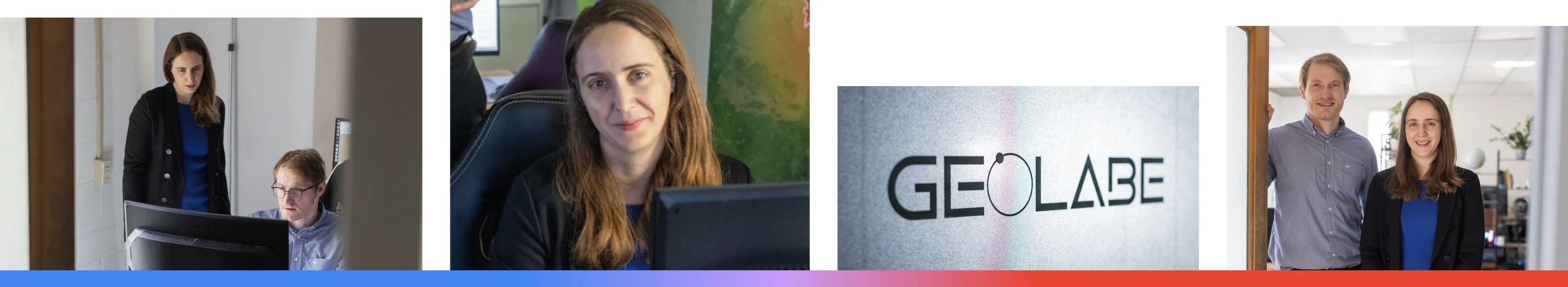 A composite of four images featuring Geolabe in Los Alamos, New Mexico, showing the team collaborating on data analysis, a professional portrait of CEO Dr. Elena Berman, the company's sleek branding, and the founders at their office where they use Google's AI and geospatial tools to monitor methane emissions and promote environmental sustainability.