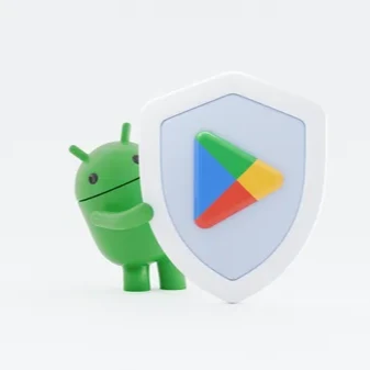 An illustration of the Android bot holding a shield with the Google Play prism