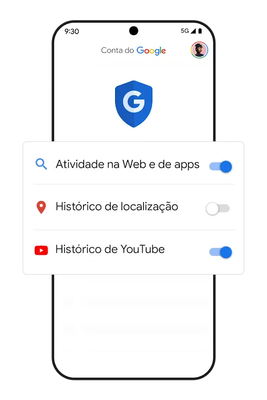 Imagem de um smartphone com botões de ativação/desativação das configurações do histórico.