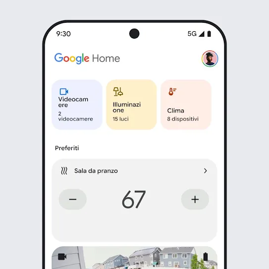 Immagine dello schermo di uno smartphone con Google Home aperto, che mostra una dashboard con il riepilogo delle informazioni su videocamere di sicurezza, illuminazione e climatizzatore. 