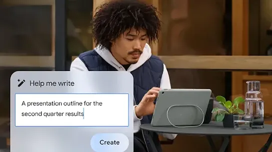 Man sitting at an outdoor table using a tablet to generate a presentation outline for second-quarter results using an AI tool. The prompt in the AI tool reads, 