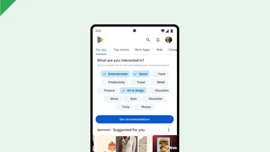 Device screenshot shows interest options that users can select