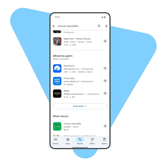 A screenshot shows search results for relevant streaming apps on Google Play when searching for a movie title