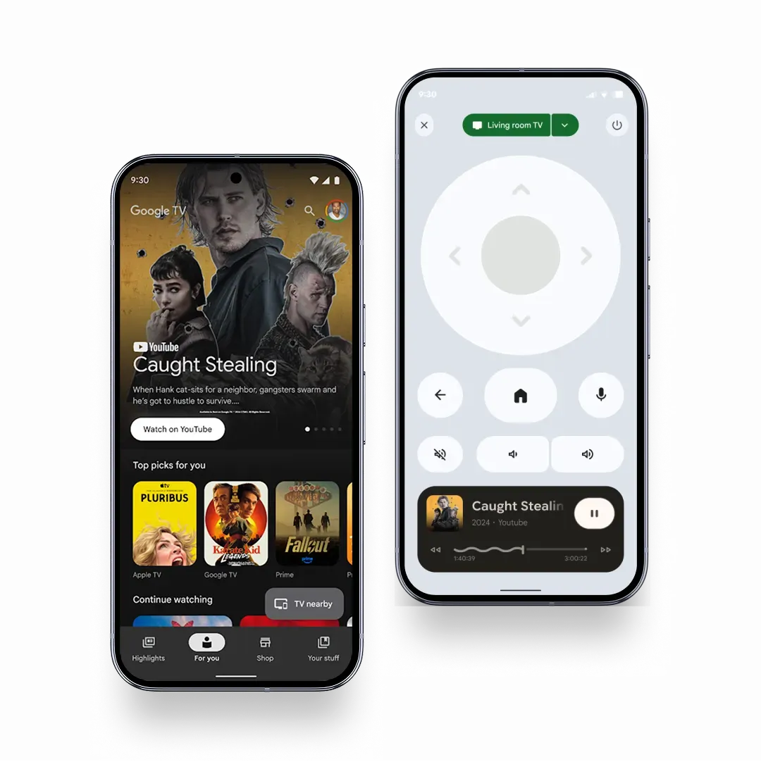 Two smartphones. One is displaying the Google TV app user interface. The other shows the virtual remote interface in the Google TV app.
