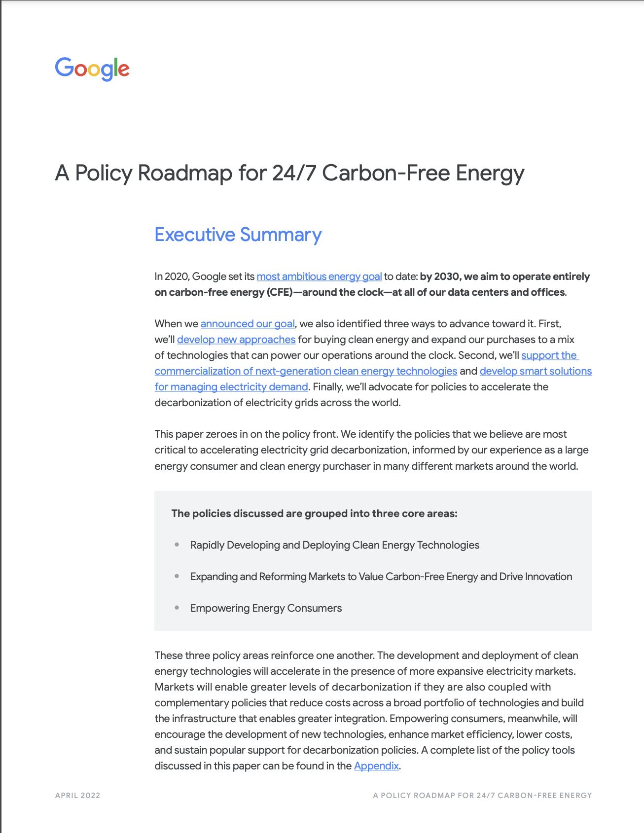 Cover image of a white paper titled: A Policy Roadmap for 24/7 Carbon-Free Energy