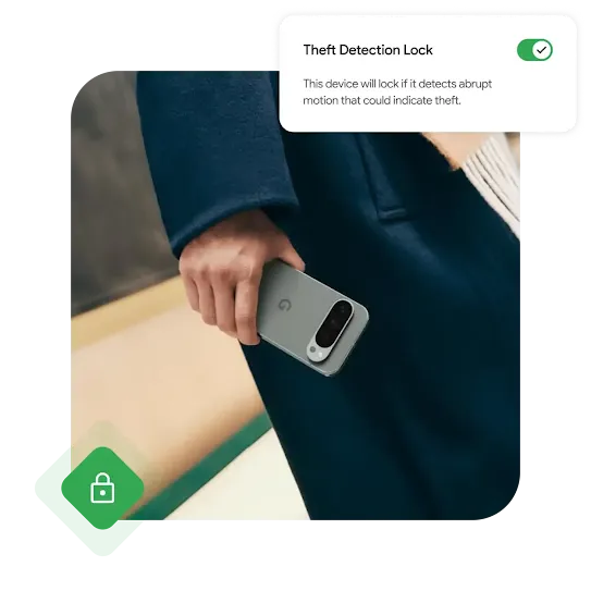 A hand holding a grey Google pixel phone. An example of the Theft Detection Lock interface is on the upper right corner.