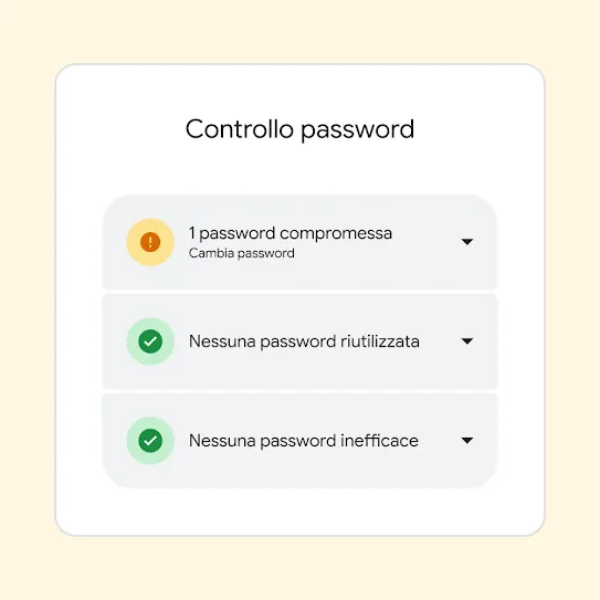 Interfaccia di Controllo password che mostra i risultati, tra cui "1 password compromessa" e un suggerimento per cambiarla.