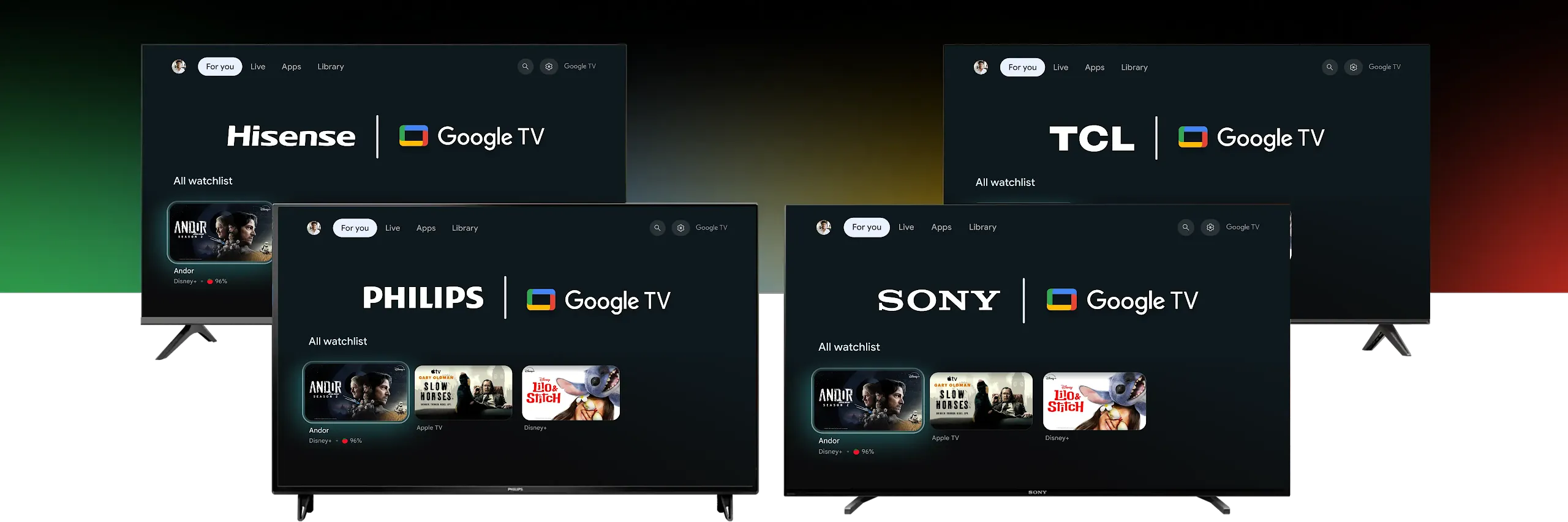 Combined image of Hisense, TCL, Philips and Sony Google TVs