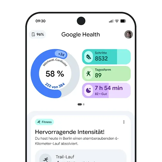 Bild eines Smartphone-Displays, auf dem die Zusammenfassung eines Trainings in der Google Health App angezeigt wird.
