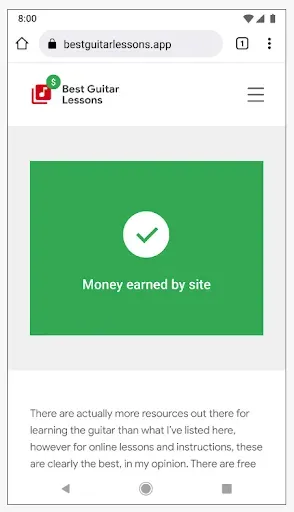 A conceptual graphic of a mobile website where the ad space is replaced by a green box with a checkmark and the text "Money earned by site," illustrating the value exchange for publishers.