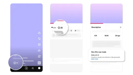 Three illustrated mobile devices showing AI labels 