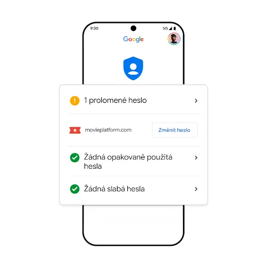 Obrázek telefonu od Googlu s výsledky vyhledávání prolomených hesel.