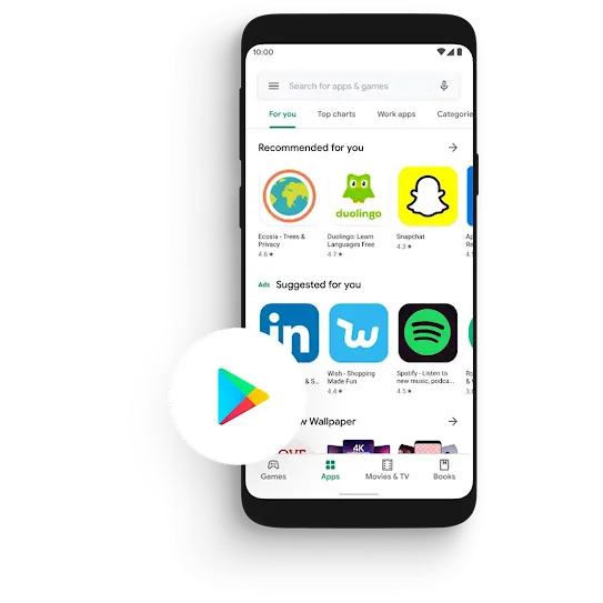 An Android phone showing the Google Play Store screen with many apps to browse. We have the Google Play Store icon floating on top.
