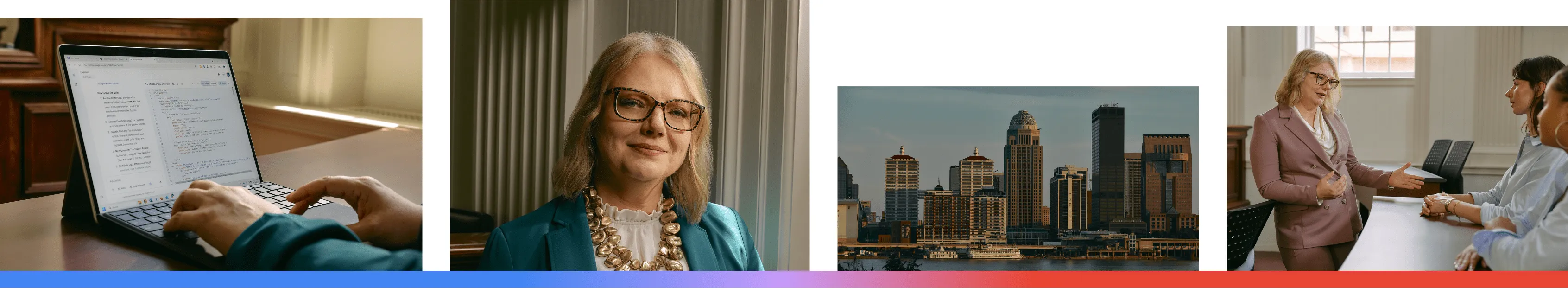 A composite of four images featuring Susan Tanner in Louisville, Kentucky, showing her using Google Gemini to assist with legal coding tasks, a professional portrait of Susan, the Louisville city skyline, and Susan collaborating with colleagues in a legal office setting.