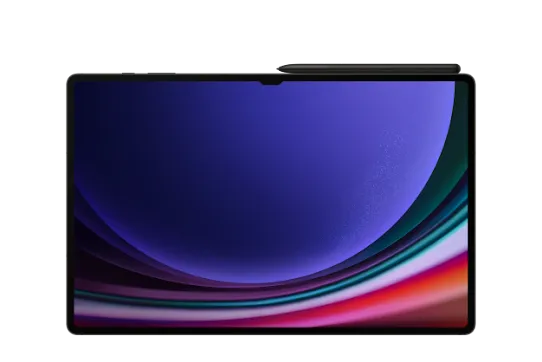 A black tablet with a  pen resting on top. Its screen shows an abstract colorful image.