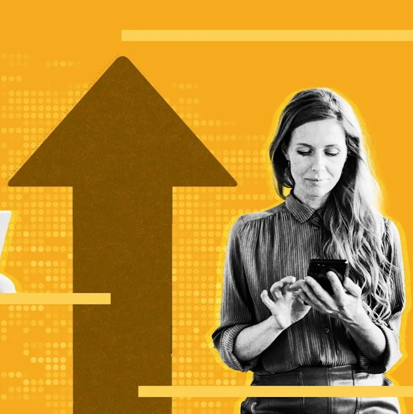 A graphic showing a person engaging with a smartphone with a white arrow point up beside them.