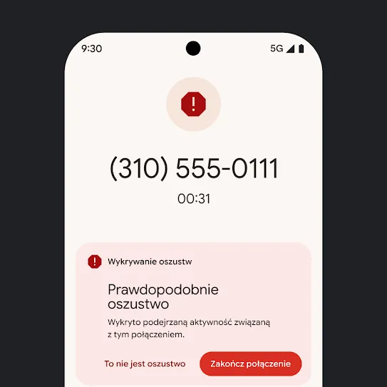 Ilustracja przedstawiająca ekran główny telefonu Pixel, na którym widać powiadomienie o automatycznie odrzuconym połączeniu spamowym.
