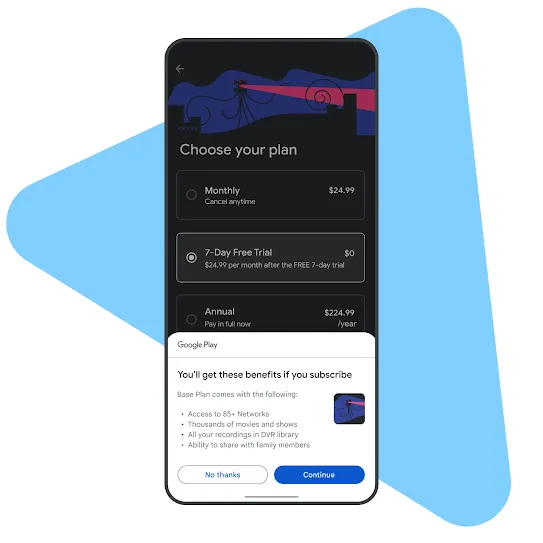 A mock streaming app's checkout experience displays a list of subscription benefits 