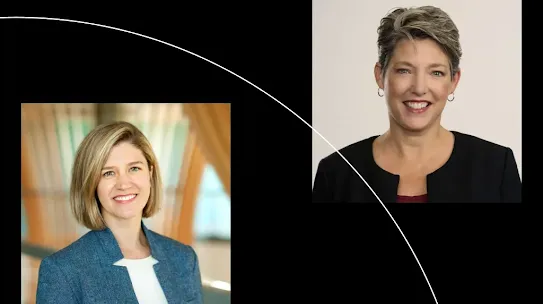 A composite graphic for a "Dialogues" Q&A featuring headshots of two women against a black background with a thin white curved line. On the left is Laurie Richardson, VP of Trust and Safety at Google, and on the right is an industry expert, both smiling in professional attire.