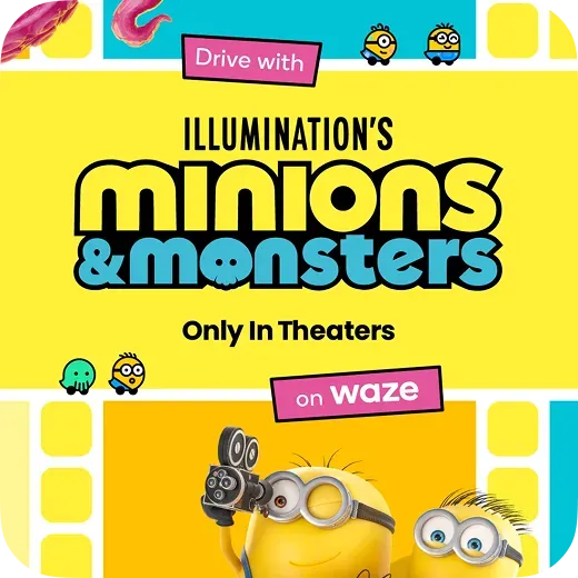 Waze voice and mood customization banner featuring Illumination Minions theme promotional poster