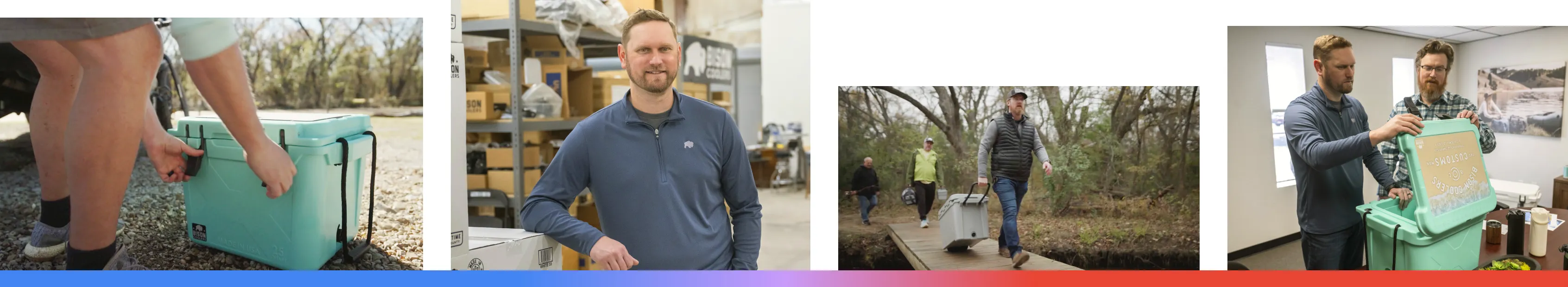 A composite of four images featuring Bison Coolers in Texas, showing the product being used outdoors, a portrait of the founder in a warehouse, a team hiking with a wheeled cooler, and staff members inspecting a cooler in an office.
