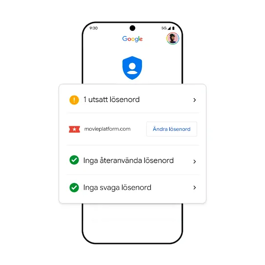 Bild på en Google-telefon med resultat för utsatta lösenord.