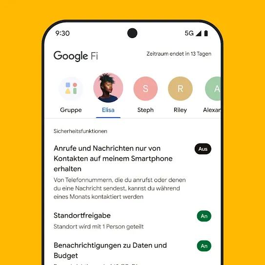 Ein Smartphone-Display mit geöffneter Google Fi Wireless App. Oben sind Kontakte zu sehen, darunter eine Liste mit Sicherheitsfunktionen wie Standortfreigabe und Datenwarnungen.