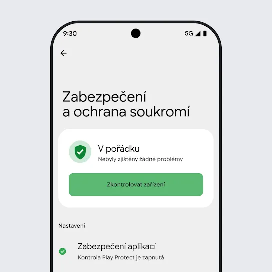 Vizualizace obrazovky chytrého telefonu se systémem Android OS, na které je otevřené nastavení zabezpečení a ochrany soukromí s výsledky kontroly zařízení a nastavením zabezpečení aplikací.