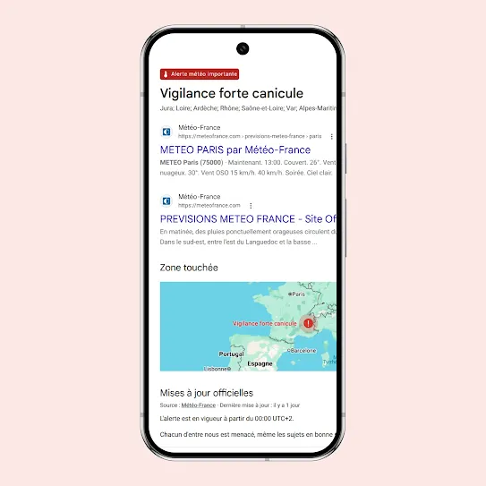 Écran de smartphone qui affiche une alerte publique Google Météo de chaleur extrême à Añatuya, dans la province de Santiago del Estero, en Argentine. Le tableau de bord affiche une prévision de forte chaleur annonçant des températures allant jusqu'à 37 degrés Celsius, avec un indice de chaleur ressenti de 44 degrés, ainsi que des recommandations de sécurité du GHHIN, comme s'hydrater et se rafraîchir.
