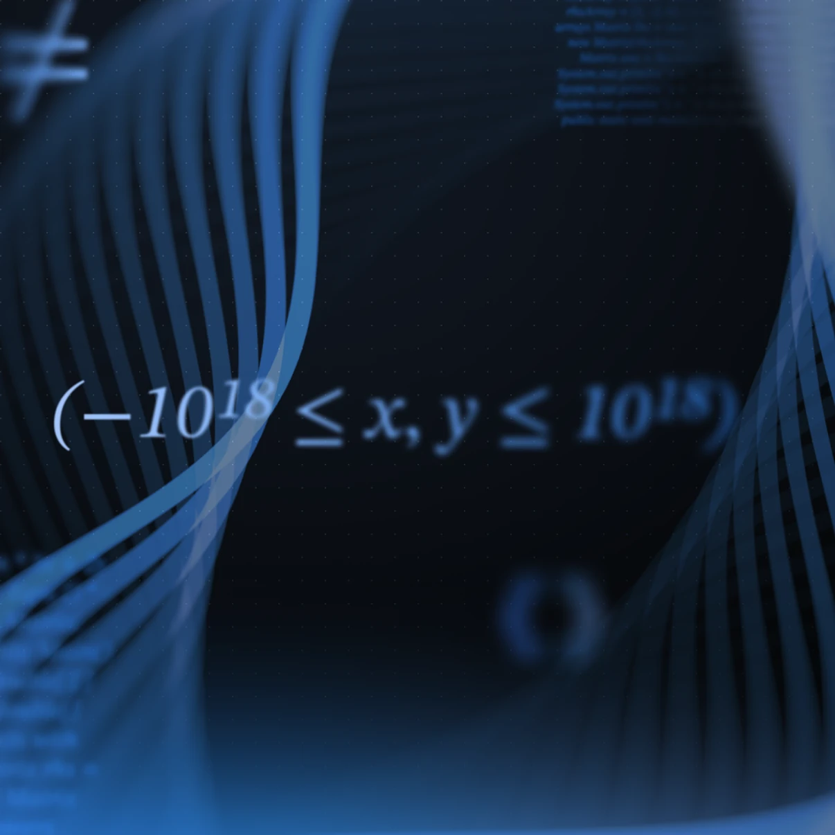Dark themed abstract digital visual with swirling blue digital waves and mathematical notation