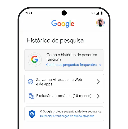 Controles do histórico da Pesquisa