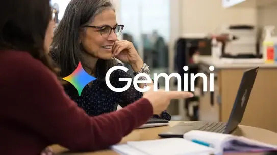  two women using a laptop with the Gemini logo layered over it