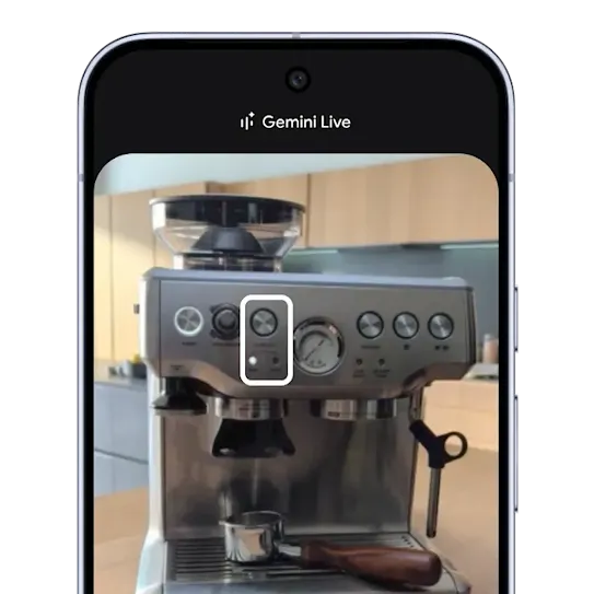 The phone screen shows an image of an espresso machine to use as an example of how Gemini Live's newest feature works highlighting information you need on your phone screen.