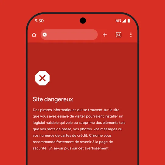 Image de l'écran d'un téléphone intelligent utilisant le navigateur Chrome, montrant une alerte concernant un site dangereux, y compris les prochaines étapes recommandées et un lien pour en savoir plus sur cet avertissement. 