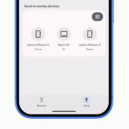 Một đoạn video ngắn cho thấy thao tác chọn iPhone trên điện thoại Android để gửi tệp, sau đó là thao tác chấp nhận tệp trên iPhone qua AirDrop.