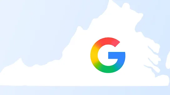 An image showing a white silhouette map of the state of Virginia against a light blue background. A large, colorful Google "G" logo is centered within the map.
