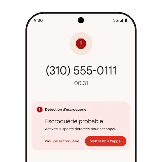 Image de l'écran d'accueil d'un téléphone intelligent Pixel affichant une notification d'appel indésirable automatiquement refusé.