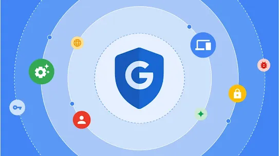An illustration of a blue shield with a G in the middle surounded by blue rings of color with smaller illustrations in them