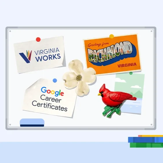A whiteboard displays various items: a Virginia Works logo, a Google Career Certificates logo, and a red cardinal figurine.