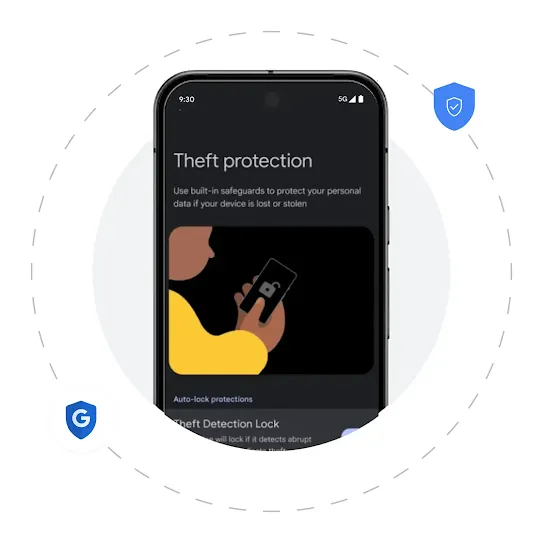 An Android screen shows a page for Android Theft Protection. Behind the phone is a grey solid circle and a dashed circle right outside it. Two blue icons are scattered around the dashed circle. One is a shield with a white Google icon and the other is a shield with a white check in the middle.