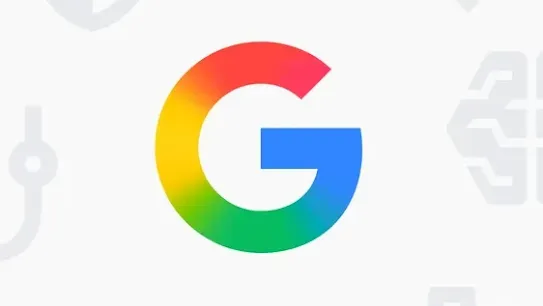 Multicolored Google 'G' logo centered on a white background, surrounded by faint gray icons representing concepts