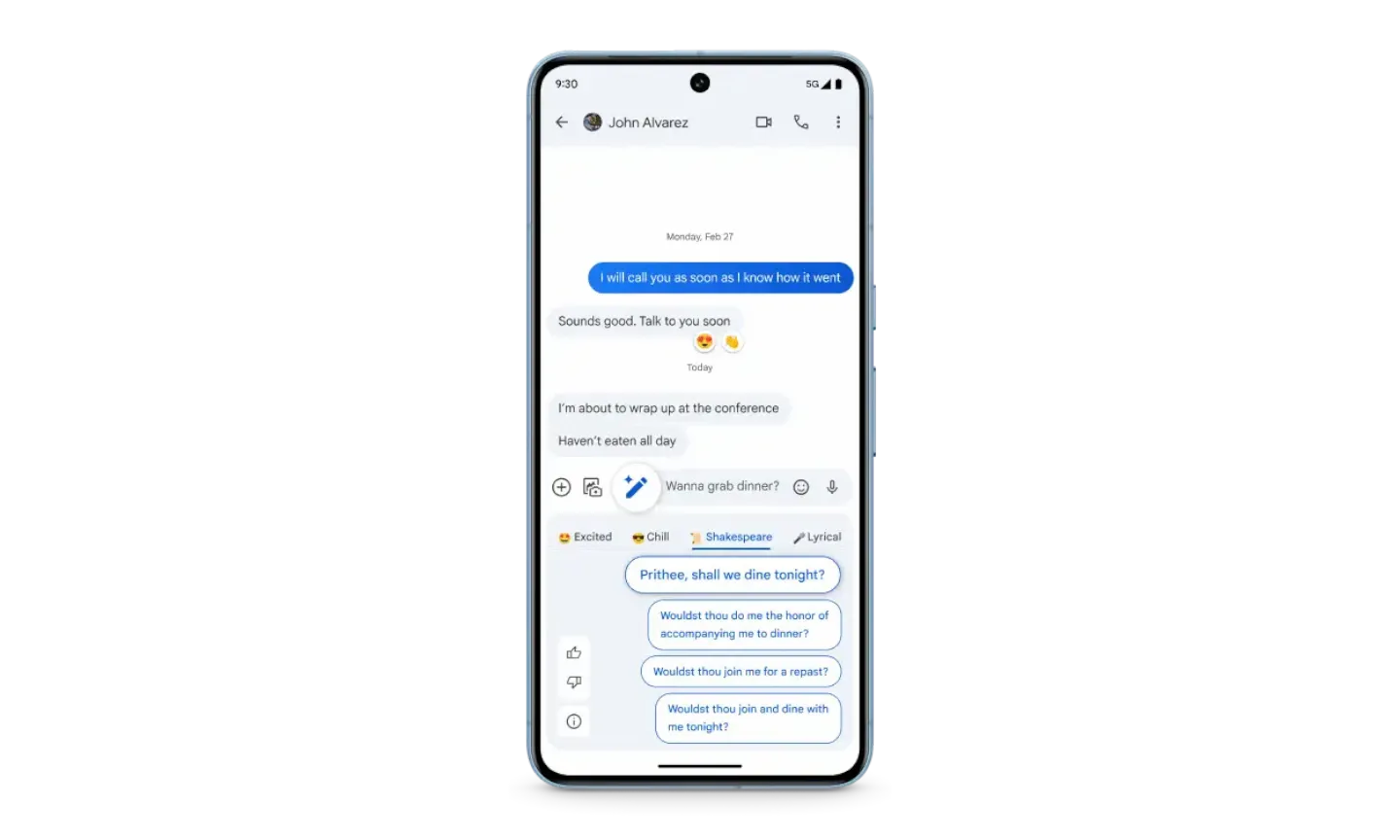 Uno smartphone mostra la funzionalità Scrittura Magica, che consente di scrivere più facilmente suggerendo risposte testuali con toni diversi