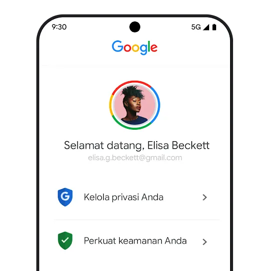 Menu seluler Akun Google menampilkan rekomendasi privasi dan keamanan