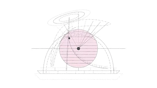 An architectural or geometric line drawing featuring a large, pink-shaded circle at the center.