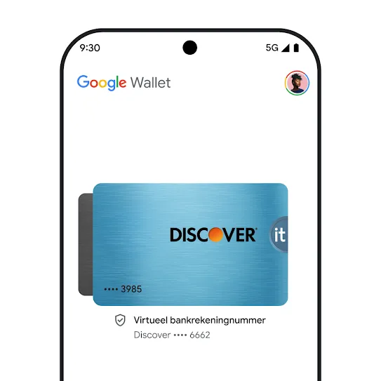 Visuele weergave van een smartphonescherm met Google Wallet geopend. Er wordt een afbeelding van een creditcard getoond met een virtueel bankrekeningnummer en een icoon voor een geslaagde en beveiligde transactie.