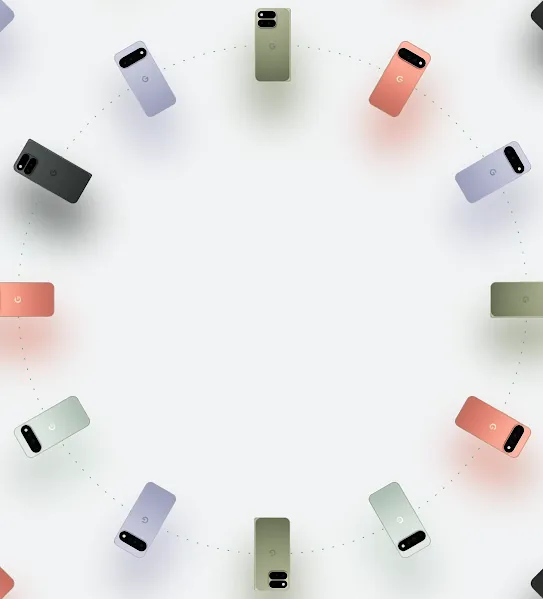 Pixel 11 series in various colors are arranged in two moving concentric circles.