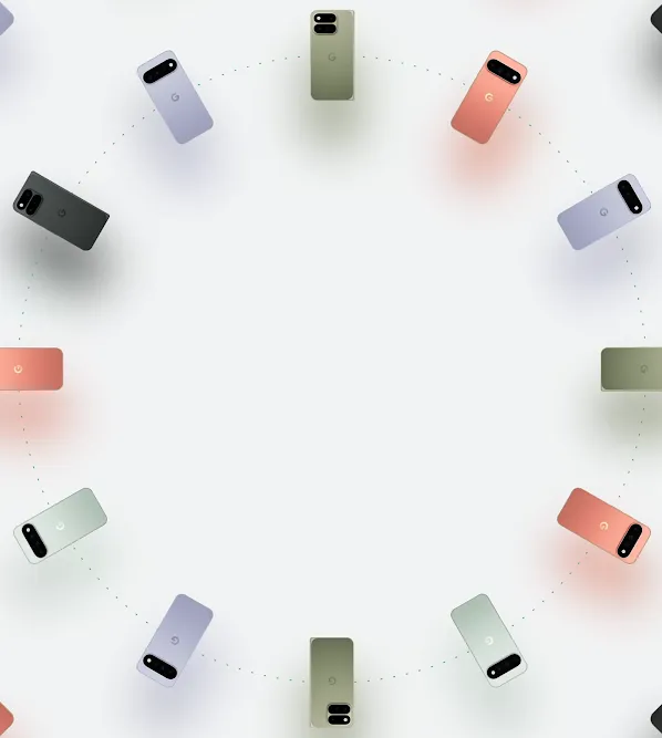 Pixel 11 series in various colors are arranged in two moving concentric circles.