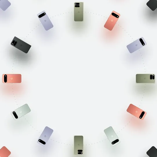 Pixel 11 series in various colors are arranged in two moving concentric circles.